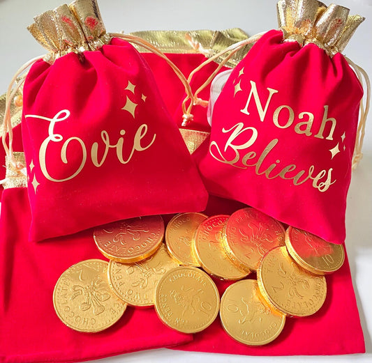 Personalised Christmas Velvet Bag With Chocolate Coins - Stocking Fillers Ideas - Christmas Eve Ideas