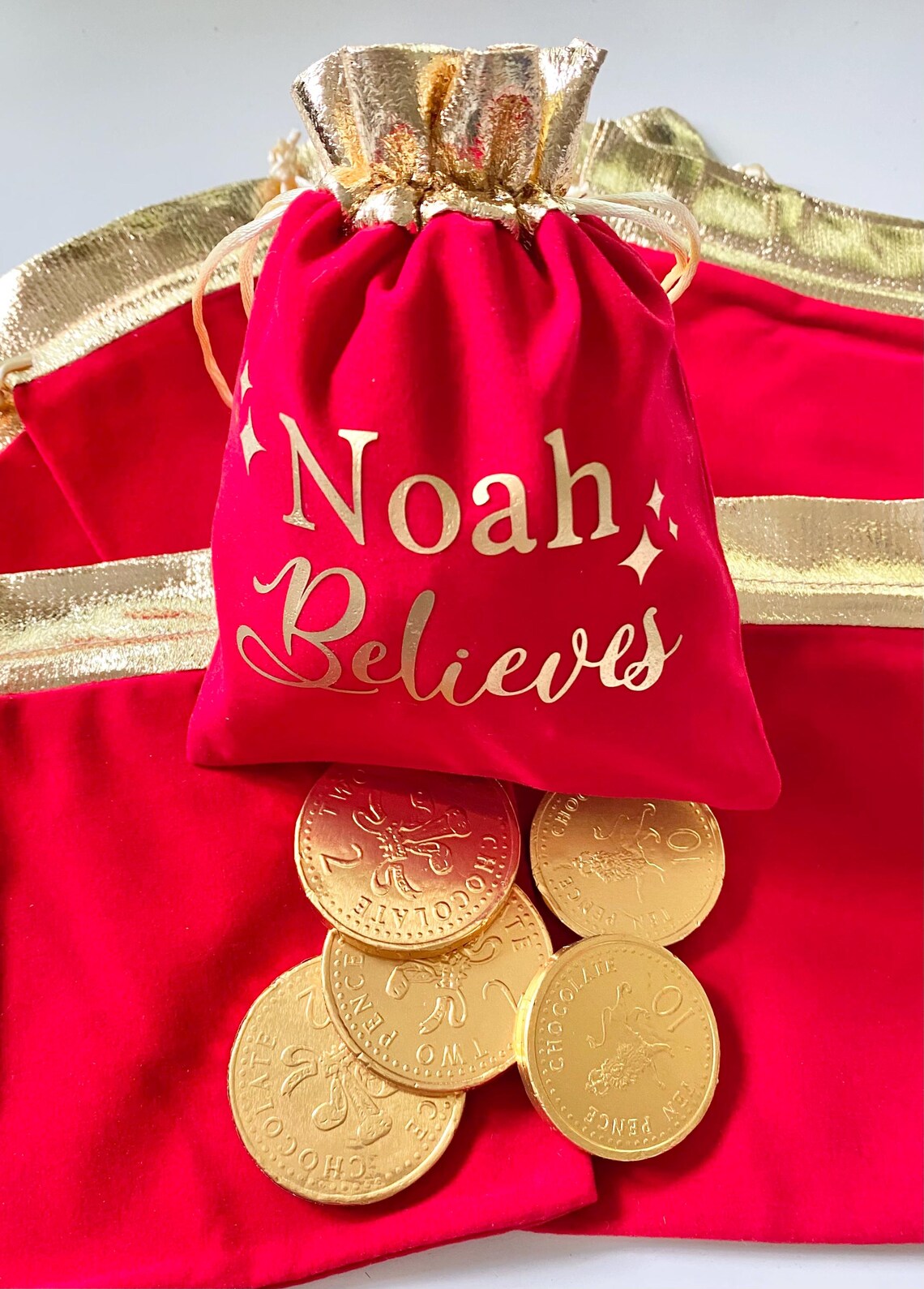 Personalised Christmas Velvet Bag With Chocolate Coins - Stocking Fillers Ideas - Christmas Eve Ideas