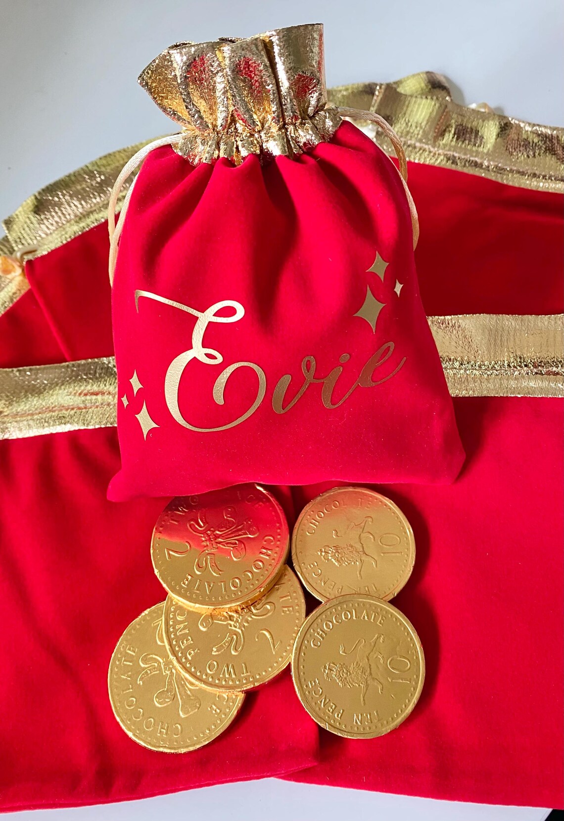 Personalised Christmas Velvet Bag With Chocolate Coins - Stocking Fillers Ideas - Christmas Eve Ideas