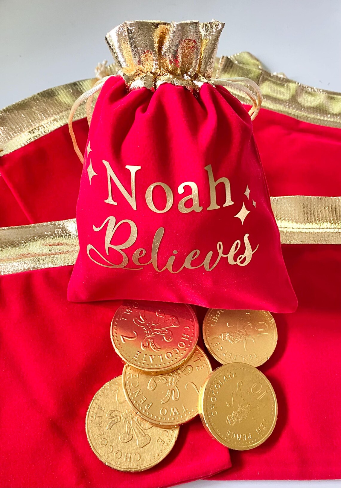 Personalised Christmas Velvet Bag With Chocolate Coins - Stocking Fillers Ideas - Christmas Eve Ideas