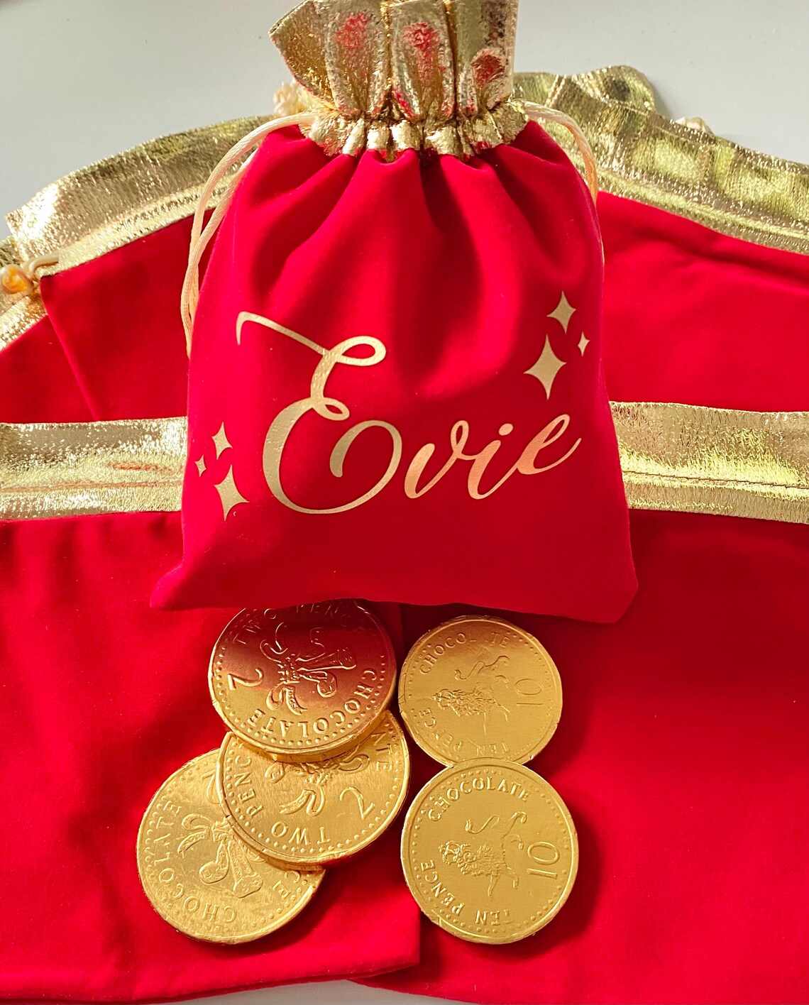 Personalised Christmas Velvet Bag With Chocolate Coins - Stocking Fillers Ideas - Christmas Eve Ideas