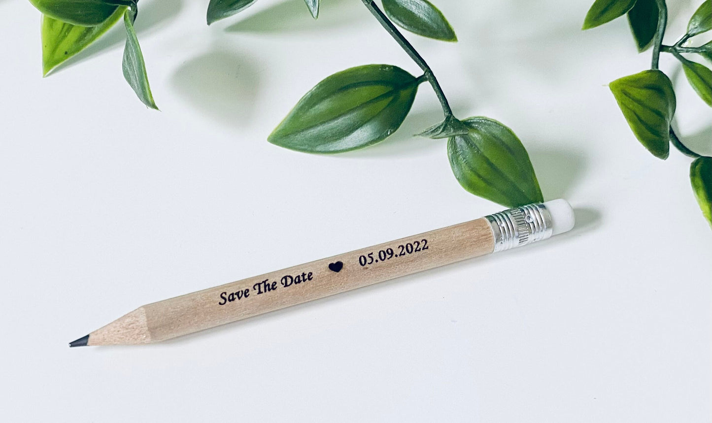 Personalised Wooden Save The Date Pencils With White Rubber - Laser Engraved