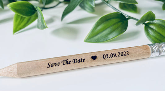 Personalised Wooden Save The Date Pencils With White Rubber - Laser Engraved