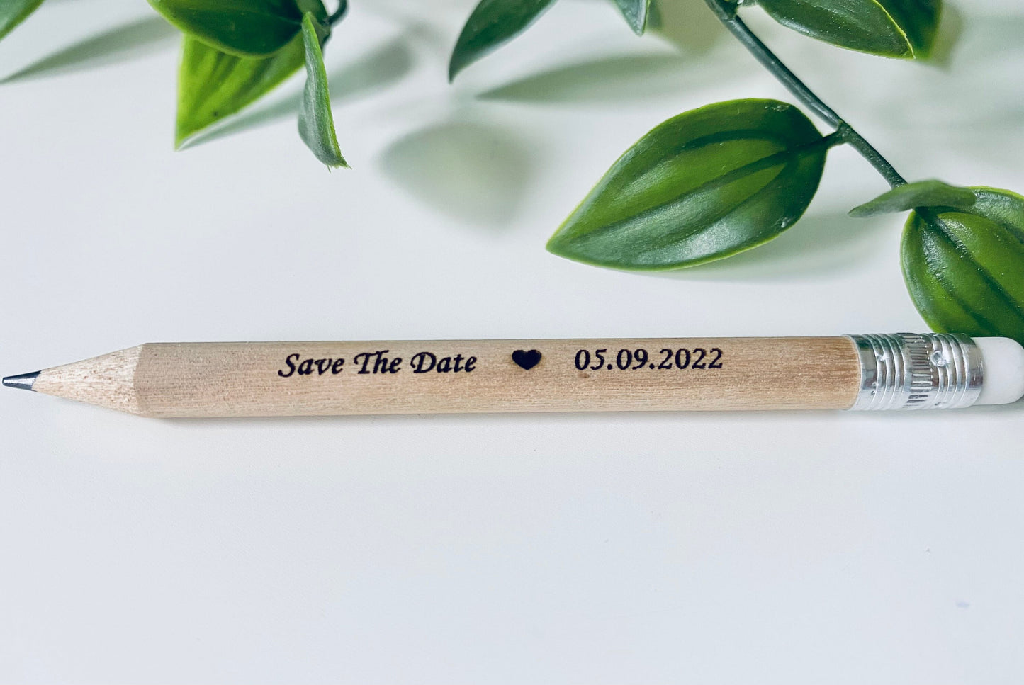 Personalised Wooden Save The Date Pencils With White Rubber - Laser Engraved