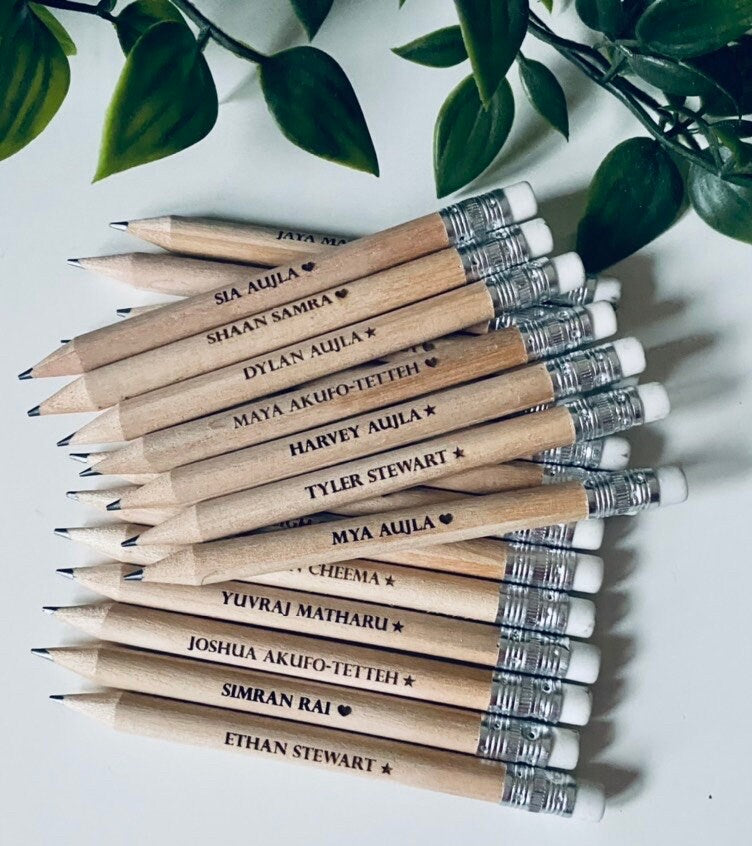 Personalised Wooden Pencils With White Rubber - Party Bag Fillers - Laser Engraved