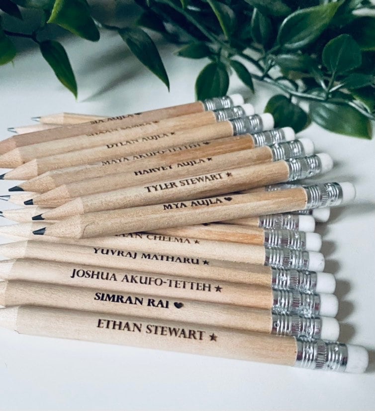 Personalised Wooden Pencils With White Rubber - Party Bag Fillers - Laser Engraved