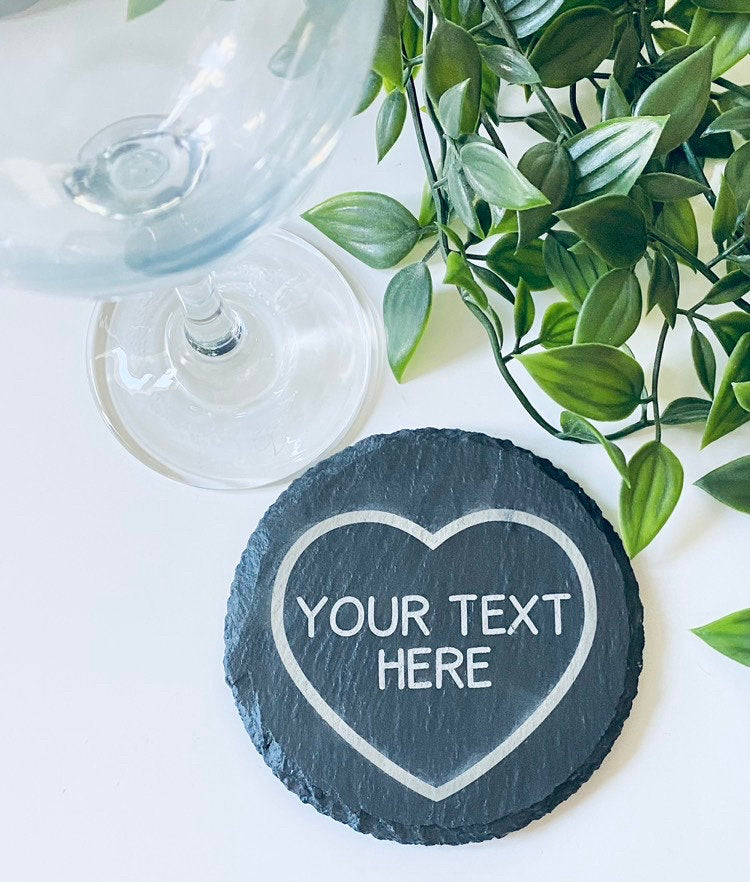 Personalised Love Heart Style Round Slate Coaster - Laser Engraved Gift Ideas - Birthday Gift Ideas, Valentines Day Gifts