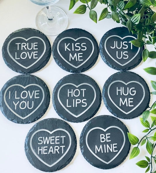 Love Heart Style Round Slate Coaster - Laser Engraved Gift Ideas - Birthday Gift Ideas, Valentines Day gifts