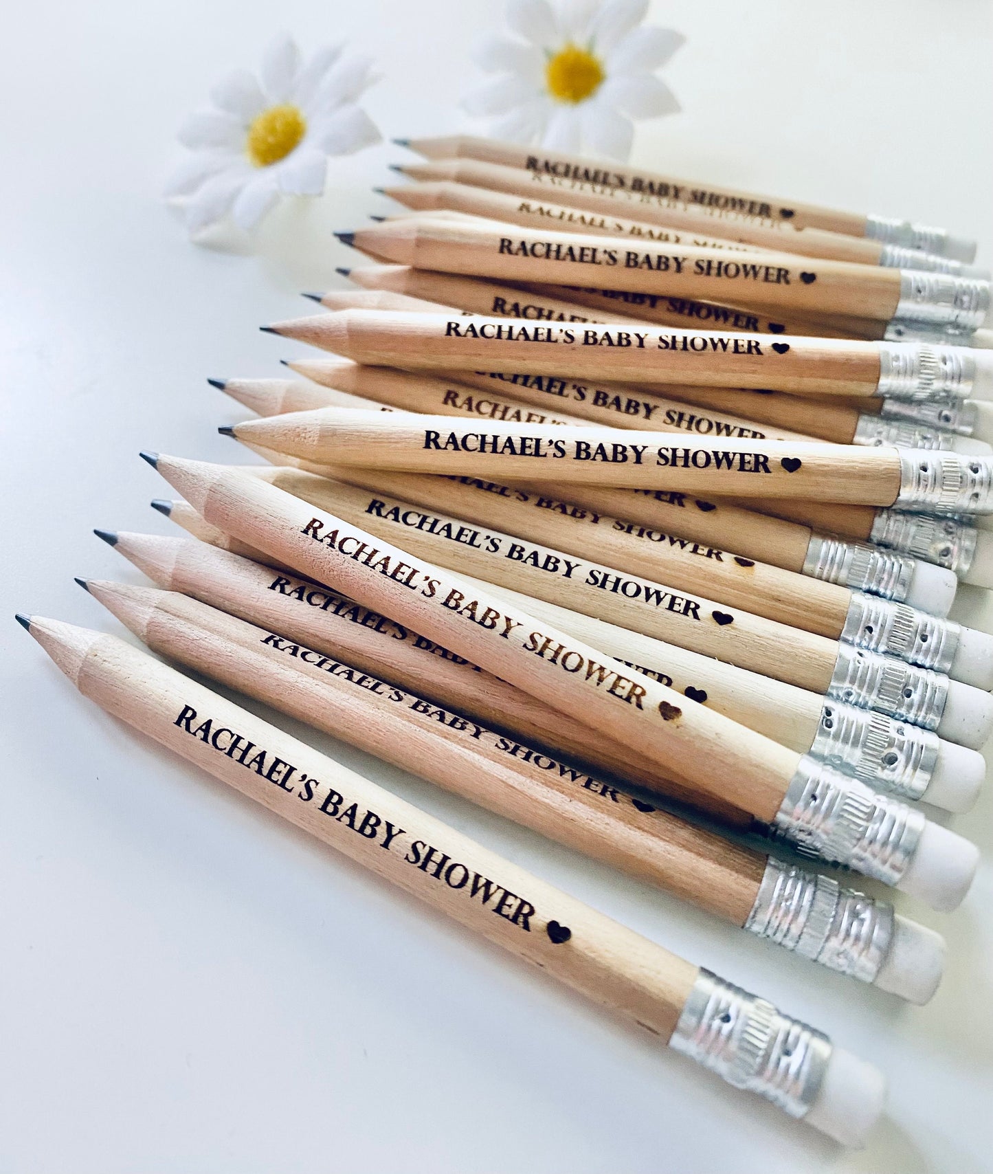 Personalised Wooden Pencils With White Rubber - Baby Shower Favours - Laser Engraved