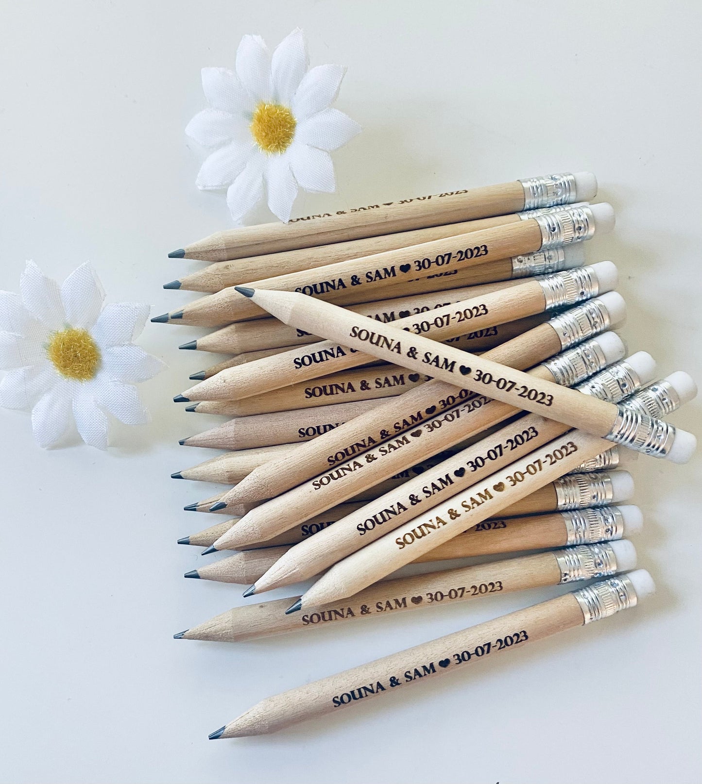 Personalised Wedding Favour Pencils With White Rubber - Laser Engraved