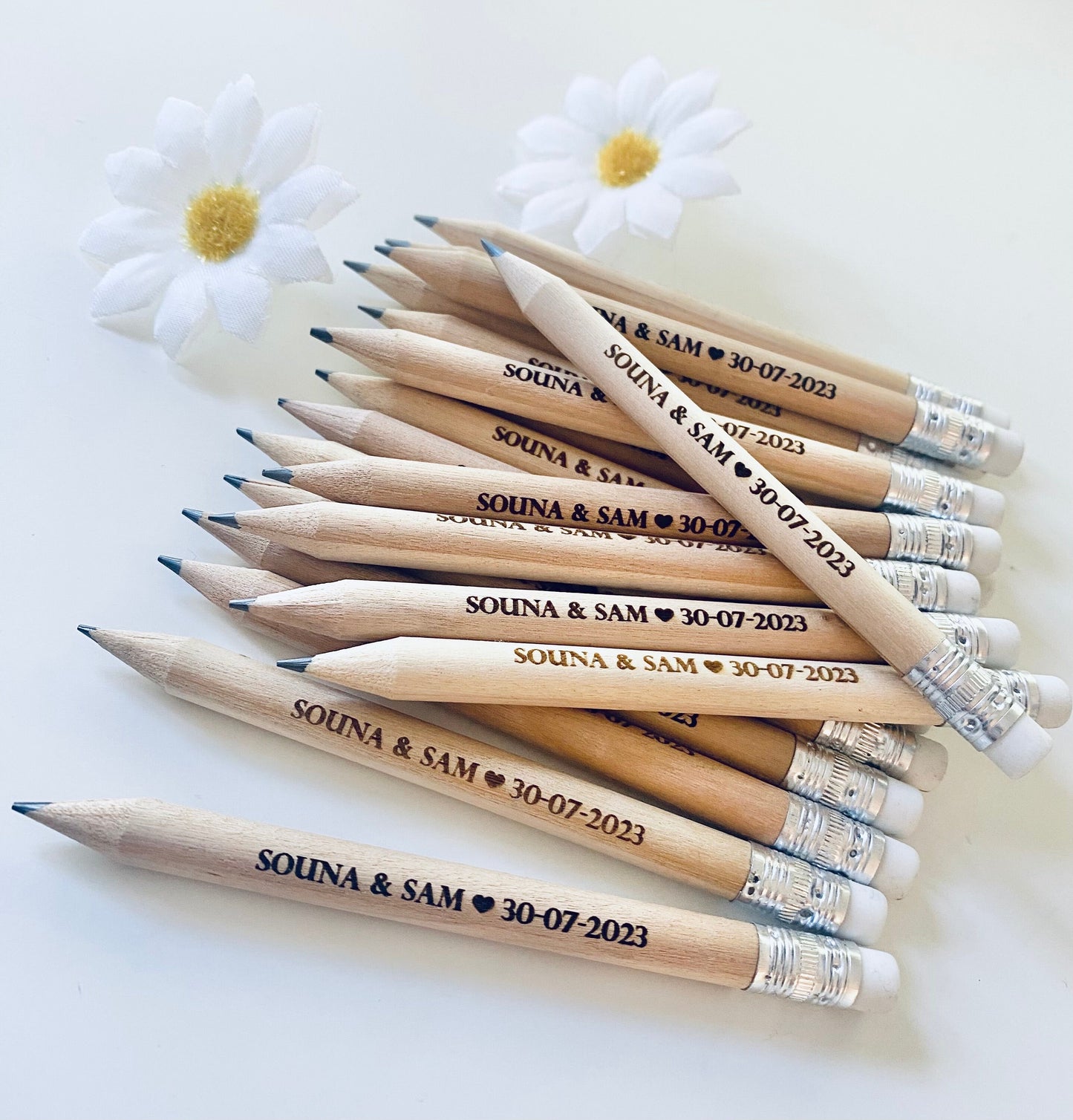 Personalised Wedding Favour Pencils With White Rubber - Laser Engraved