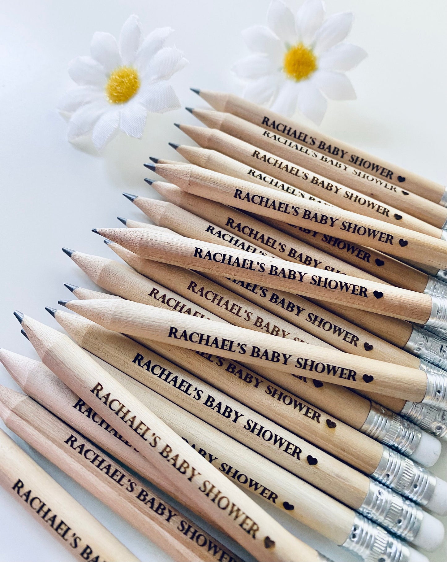 Personalised Wooden Pencils With White Rubber - Baby Shower Favours - Laser Engraved