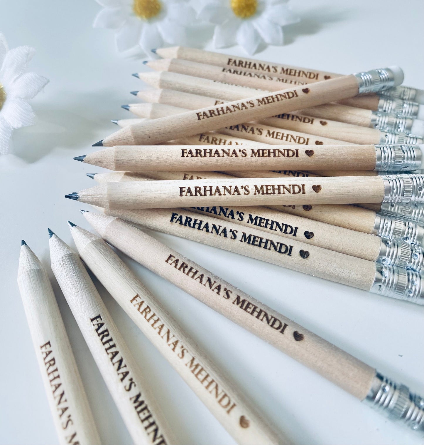 Personalised Mehndi Pencils With White Rubber - Laser Engraved.