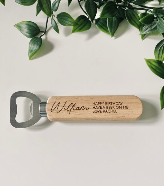 Personalised Wooden Bottle Opener Your Text Here - Birthday Gifts - Laser Engraved