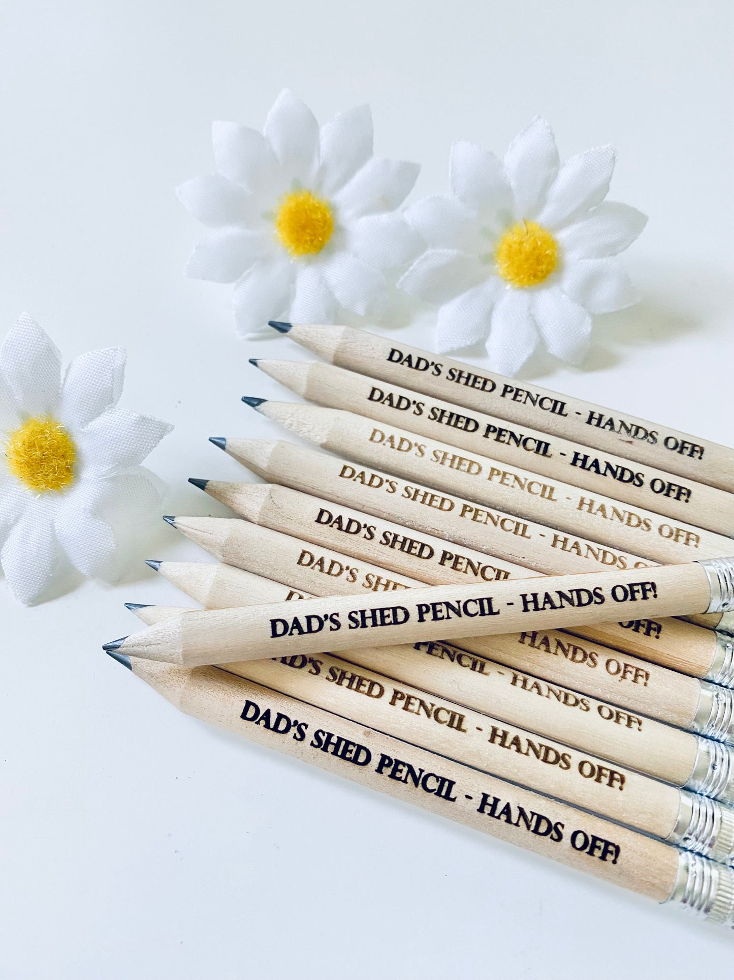 Wooden Pencils With White Rubber - Dad's Shed Pencil Hands Off - Fathers Day Gift Ideas - Laser engraved