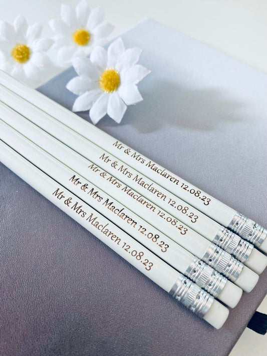 Personalised Off White Wedding Pencil  Favours - Laser Engraved