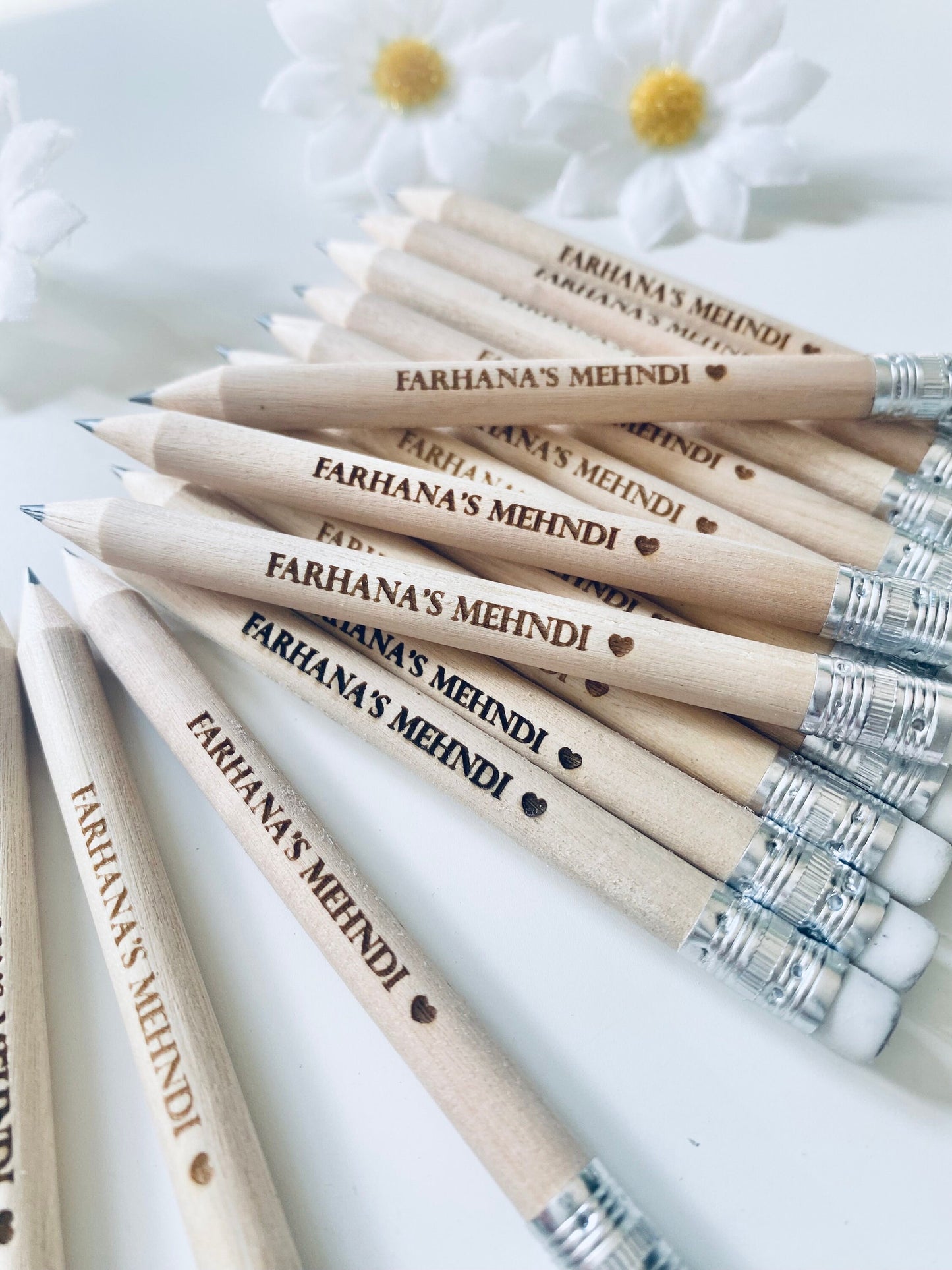 Personalised Mehndi Pencils With White Rubber - Laser Engraved.