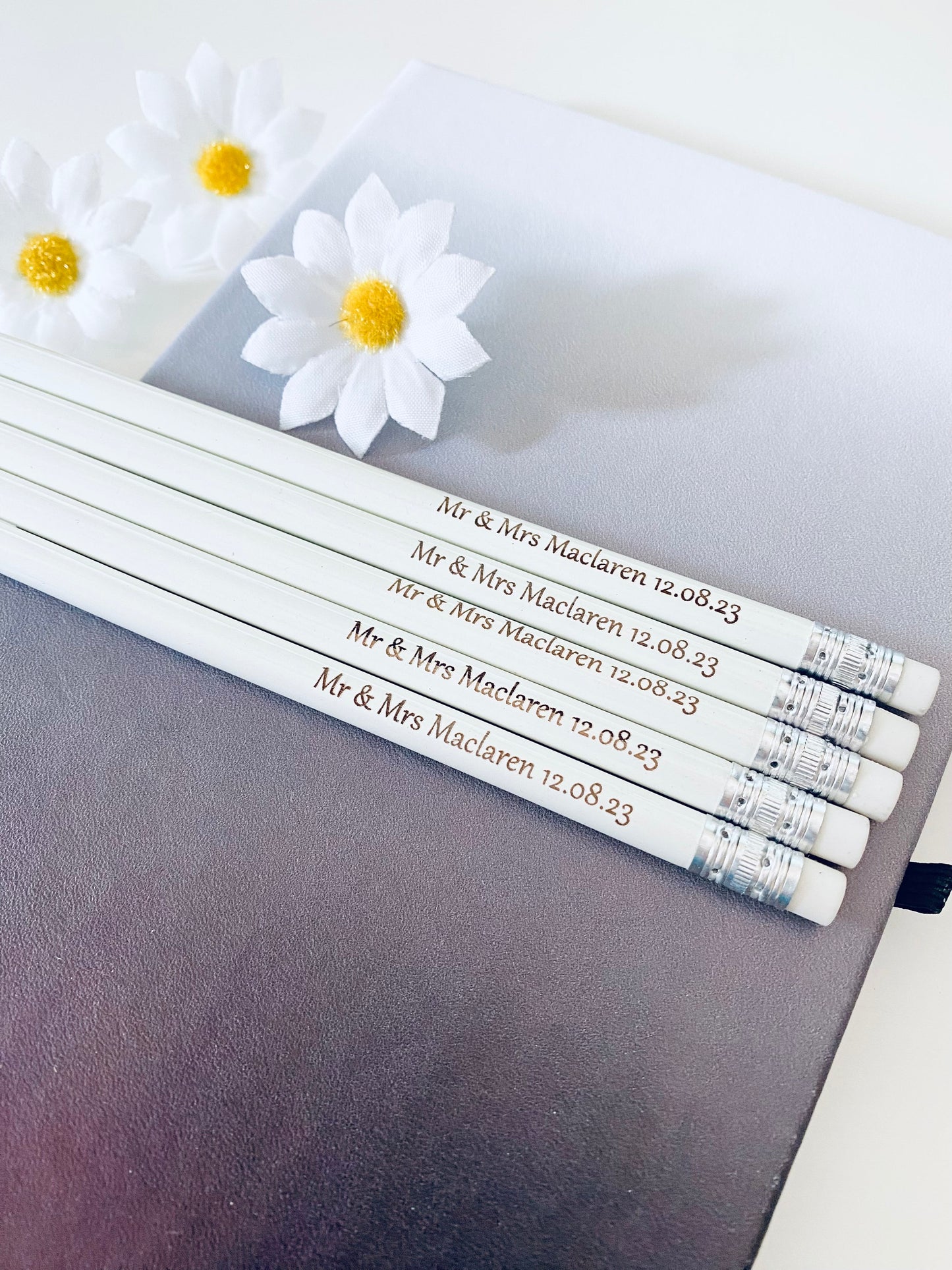 Personalised Off White Wedding Pencil  Favours - Laser Engraved