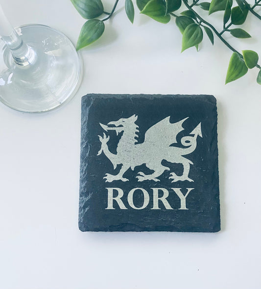 Personalised Welsh Dragon Square Slate Coaster -Laser Engraved - Birthday Gift - Welsh Gift - Stocking Fillers