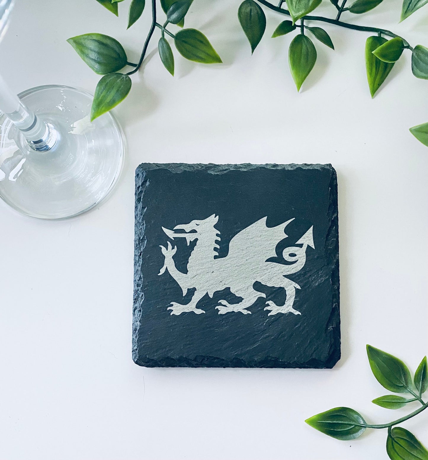 Welsh Dragon Square Slate Coaster  - Laser Engraved - Welsh Gift Ideas