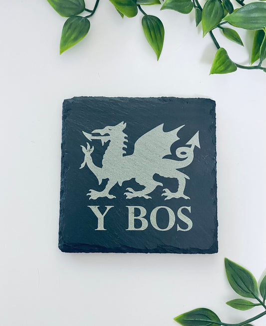 Personalised Welsh Dragon Square Slate Coaster -Laser Engraved Gift Ideas-Birthday Gift -Fathers Day Gifts-Welsh Gift-Welsh Ideas - Y Bos