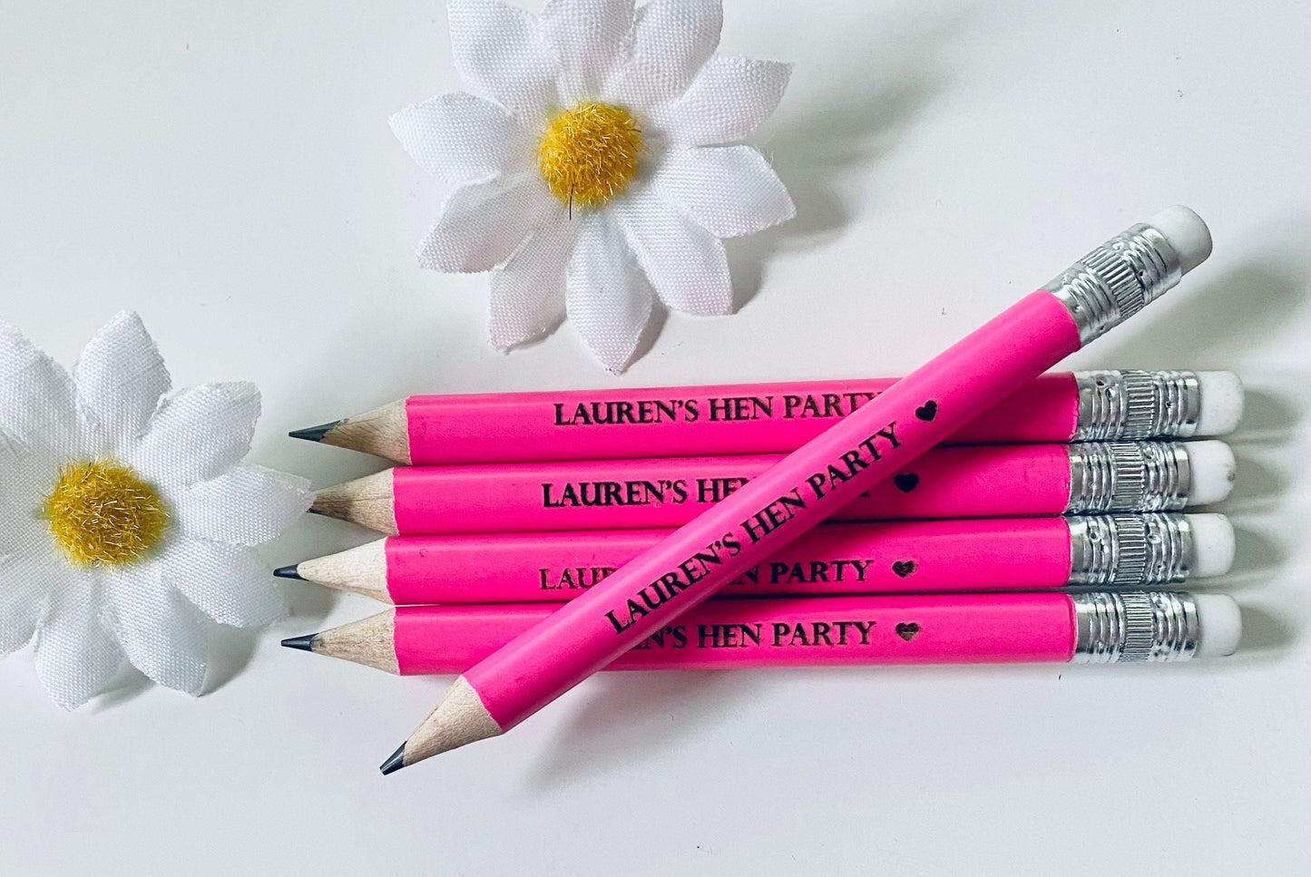 Personalised Neon Pink Hen Party Pencils With White Rubber - Hen Party Favour Ideas - Laser Engraved