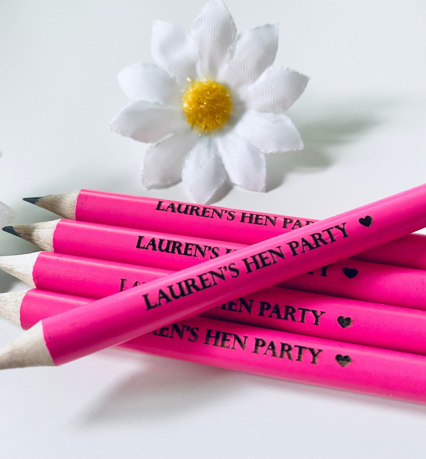 Personalised Neon Pink Hen Party Pencils With White Rubber - Hen Party Favour Ideas - Laser Engraved