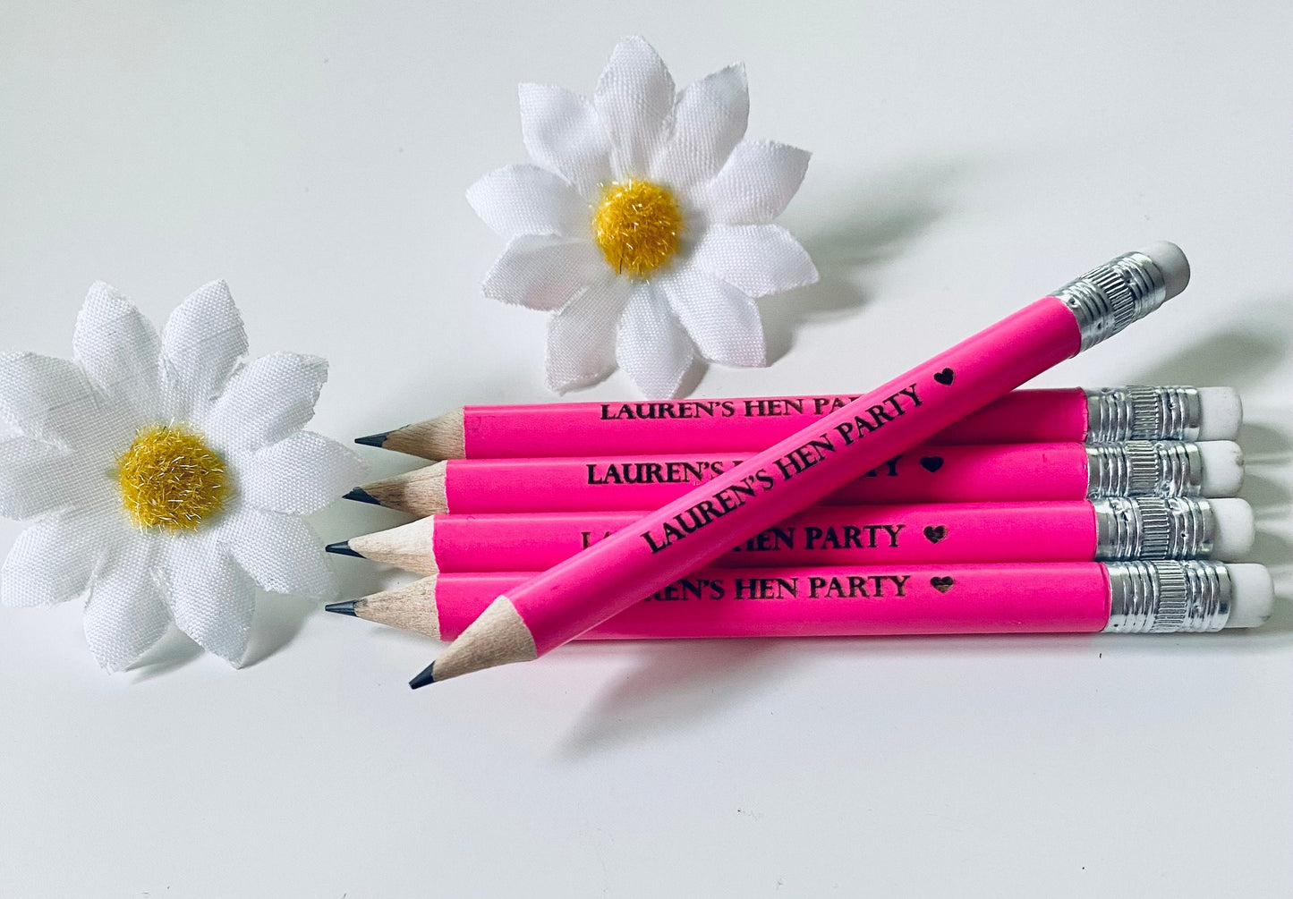 Personalised Neon Pink Hen Party Pencils With White Rubber - Hen Party Favour Ideas - Laser Engraved