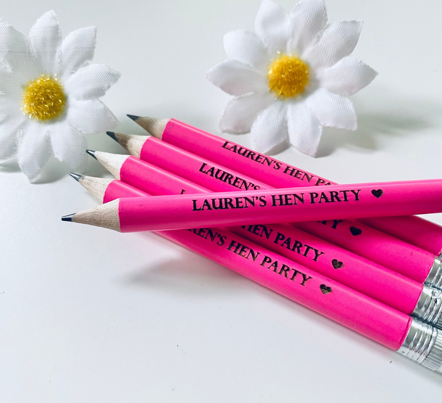 Personalised Neon Pink Hen Party Pencils With White Rubber - Hen Party Favour Ideas - Laser Engraved