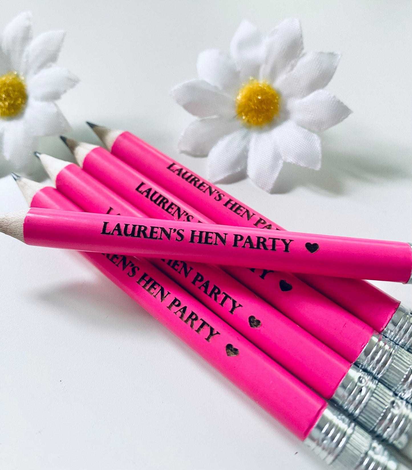 Personalised Neon Pink Hen Party Pencils With White Rubber - Hen Party Favour Ideas - Laser Engraved